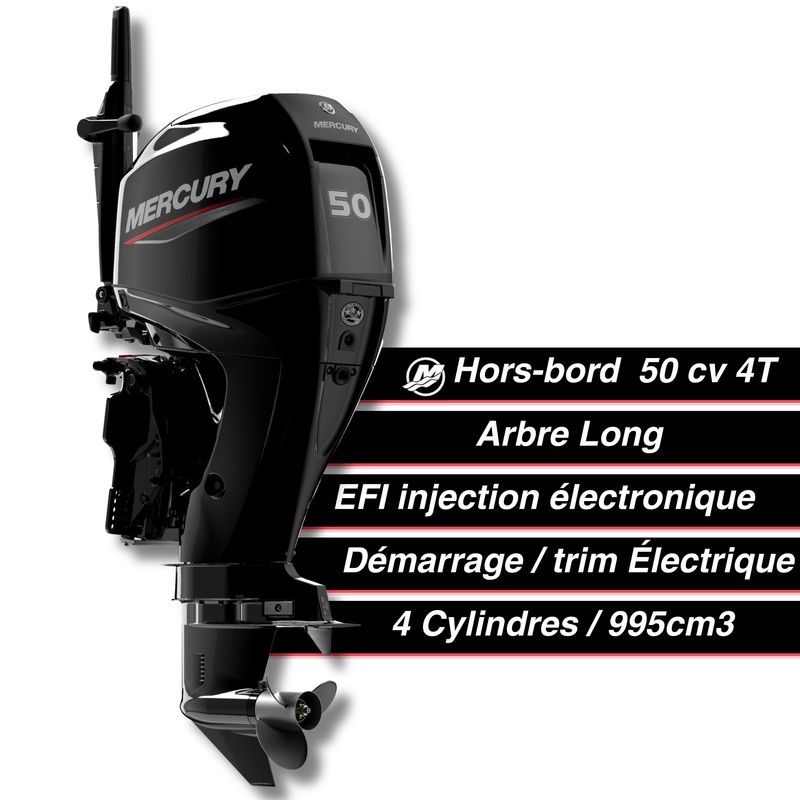 Moteur thermique hors-bord Mercury 50 cv - 4T - EFI - barre franche - démarage électrique - trim électrique