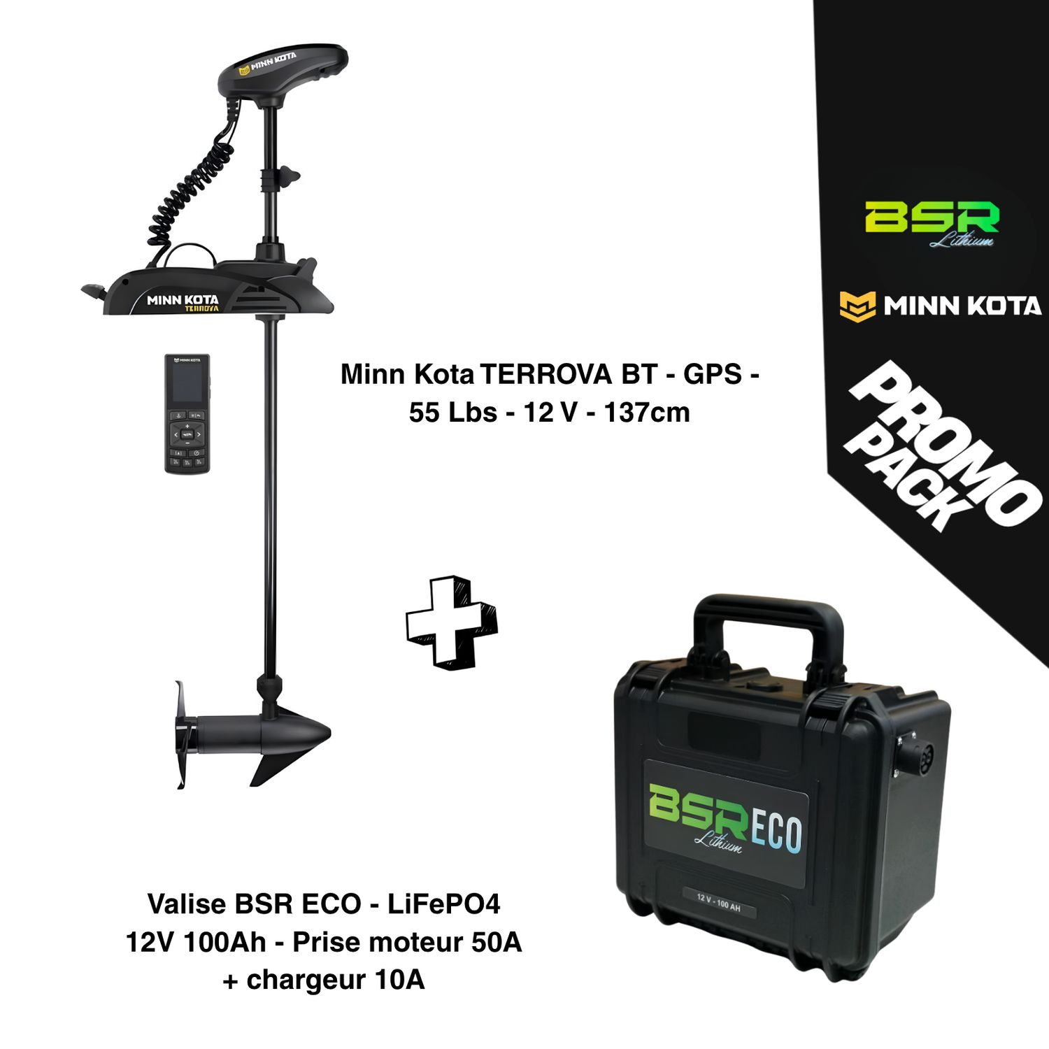Pack Moteur électrique Minn Kota TERROVA BT - GPS - 55 Lbs - 12 V - 137cm + Valise BSR ECO - LiFePO4 12V 100Ah - Prise moteur 50A + chargeur 10A