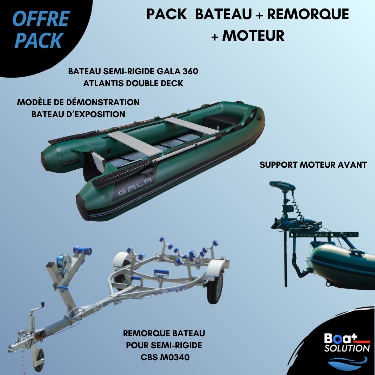 Pack (Modèle de démonstration / Bateau d’exposition) Bateau semi-rigide GALA 360 Atlantis double deck + Remorque bateau pour semi-rigide CBS M0340 + Support moteur avant pour semi-rigide