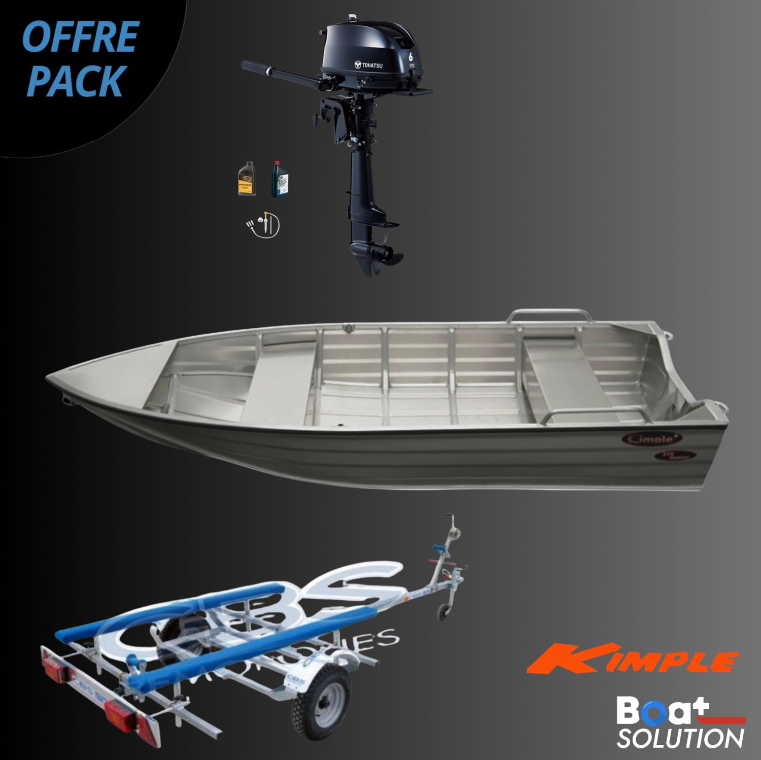 Pack Barque KIMPLE Hunter 370 – Finition Aluminium + Remorque CBS B0320 + Moteur Tohatsu 6 CV