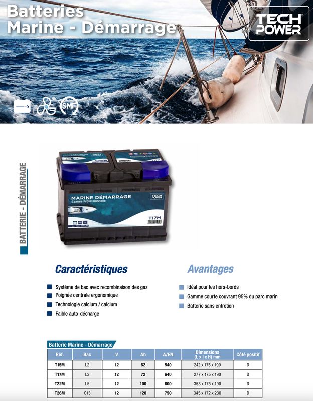 Batterie Marine Démarrage Tech Power T15M – 12V 62Ah 540A