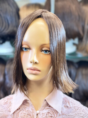 תוספת שיער חלק  אמיתי  יחידה כיפה מראה טבעי ,סקין של פאה,חדשה  ,צבע חום עם גוונים,22ס״ם,#2875