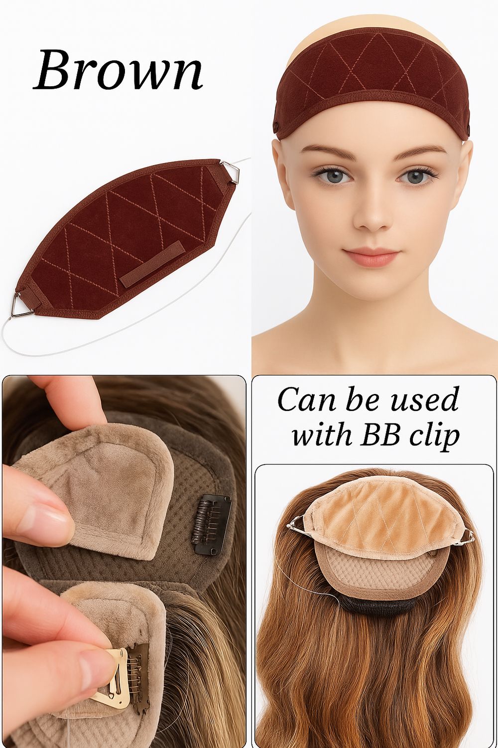 Topper Grip Pro – bande antidérapante pour perruque et topper, cordon réglable Bande antidérapante en velours foncé à surpiqûres en losange : seule, sur une tête de mannequin et avec un topper à clips