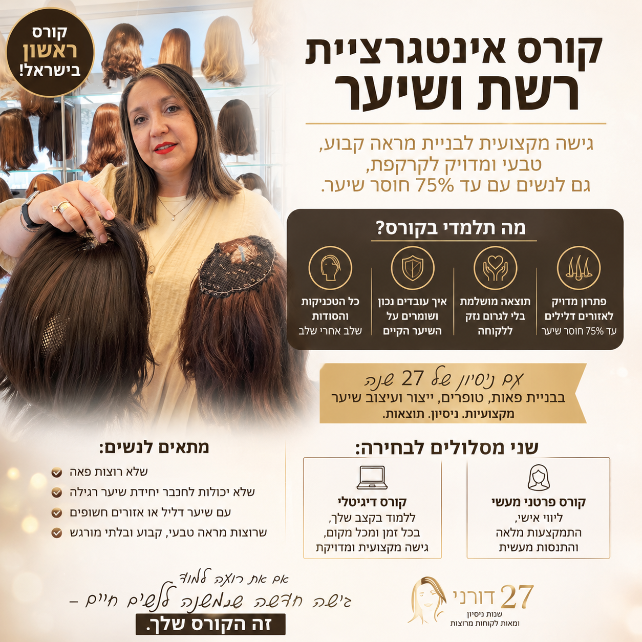 קורס אינטגרציה רשת ושיער - שיטה מקצועית לשיקום שיער ,קורס פרונטלי מעשית