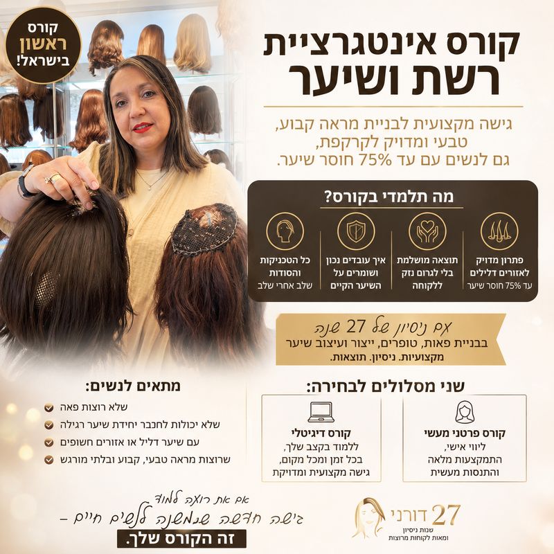 קורס אינטגרציה רשת ושיער - שיטה מקצועית לשיקום שיער ,קורס פרונטלי מעשית