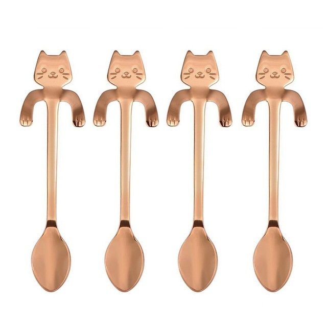 4 piece Cute Cat Red Gold Stainless Steel Teaspoons