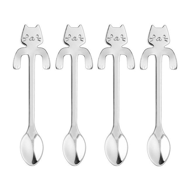 4 piece Cute Cat Silver Stainless Steel Teaspoons