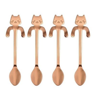 4 piece Cute Cat Red Gold Stainless Steel Teaspoons