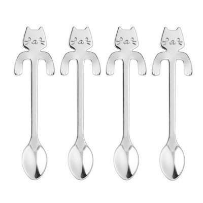 4 piece Cute Cat Silver Stainless Steel Teaspoons