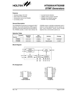 HT9200B - SOP14 - SMD - DTMF generator with serial/parallel interface