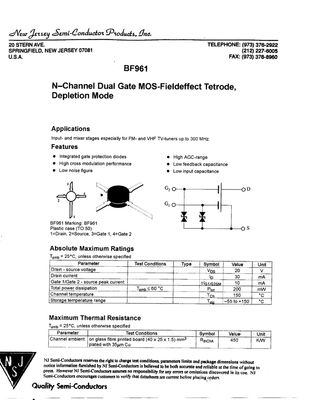 BF961 N-CHANNEL DUAL GATE MOS FIELDEFFECT TETRODE DEPLETION MODE - NOS Vintage