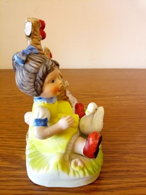 Vintage Bisque Porcelain Figurine — Girl with Goose &amp; Cherry Tree — 1970s–1980s