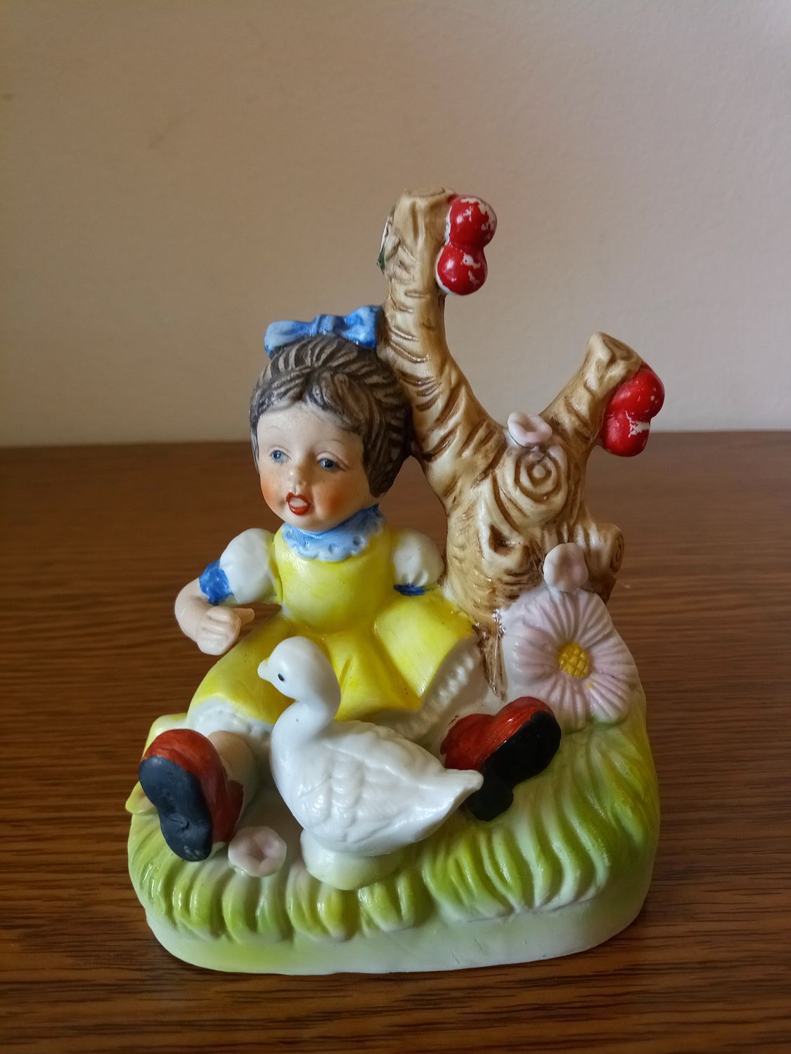 Vintage Bisque Porcelain Figurine — Girl with Goose &amp; Cherry Tree — 1970s–1980s
