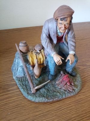 Vintage Italian Terracotta Figurine — Seated Peasant Man with Campfire Scene