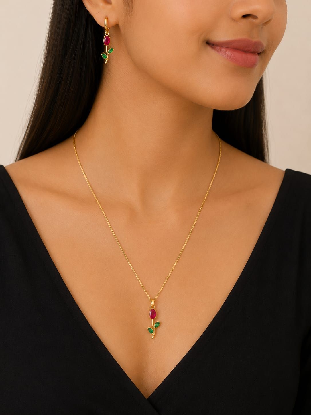 Tulip pendant set with drop hoop earrings