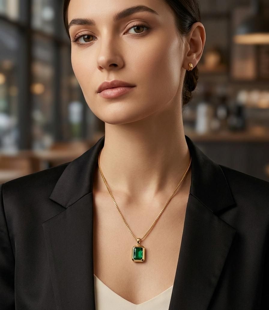 Green Rectangular Stone studded pendant chain