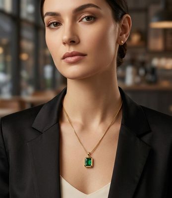 Green Rectangular Stone studded pendant chain