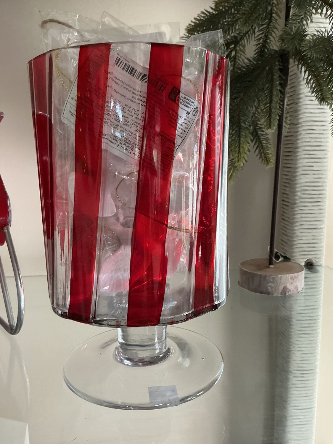 8" red &amp; white stripe glass vase