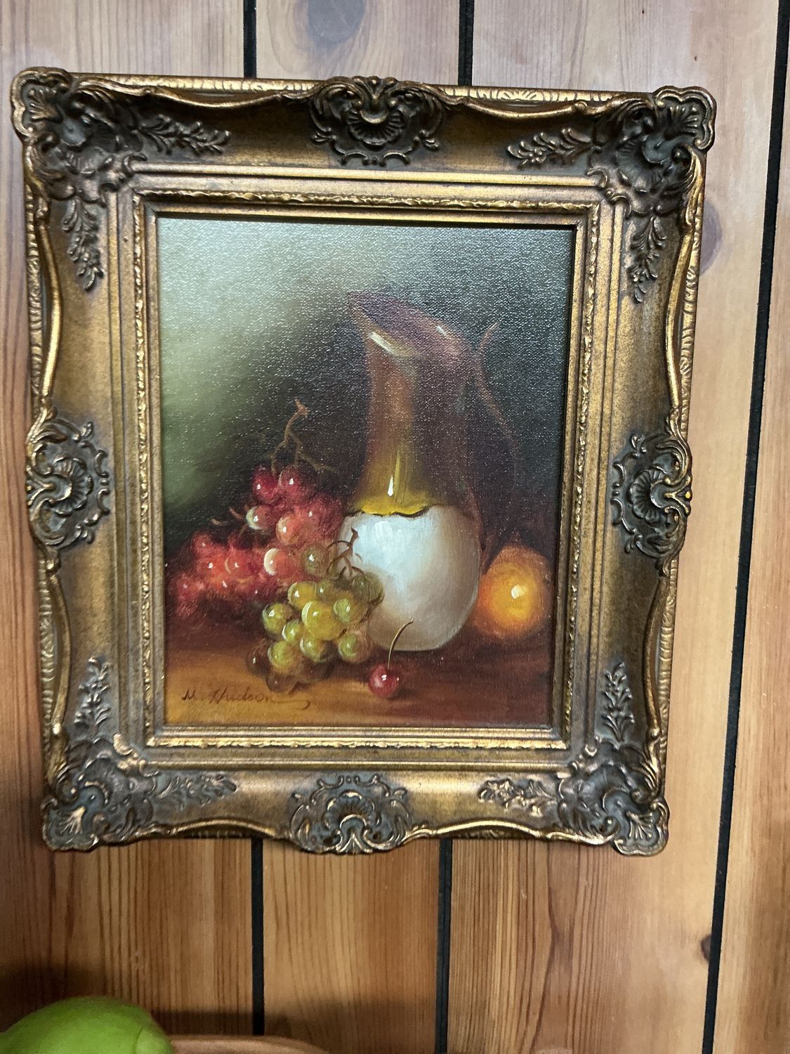 Fruit picture with white and gold pitcher framed