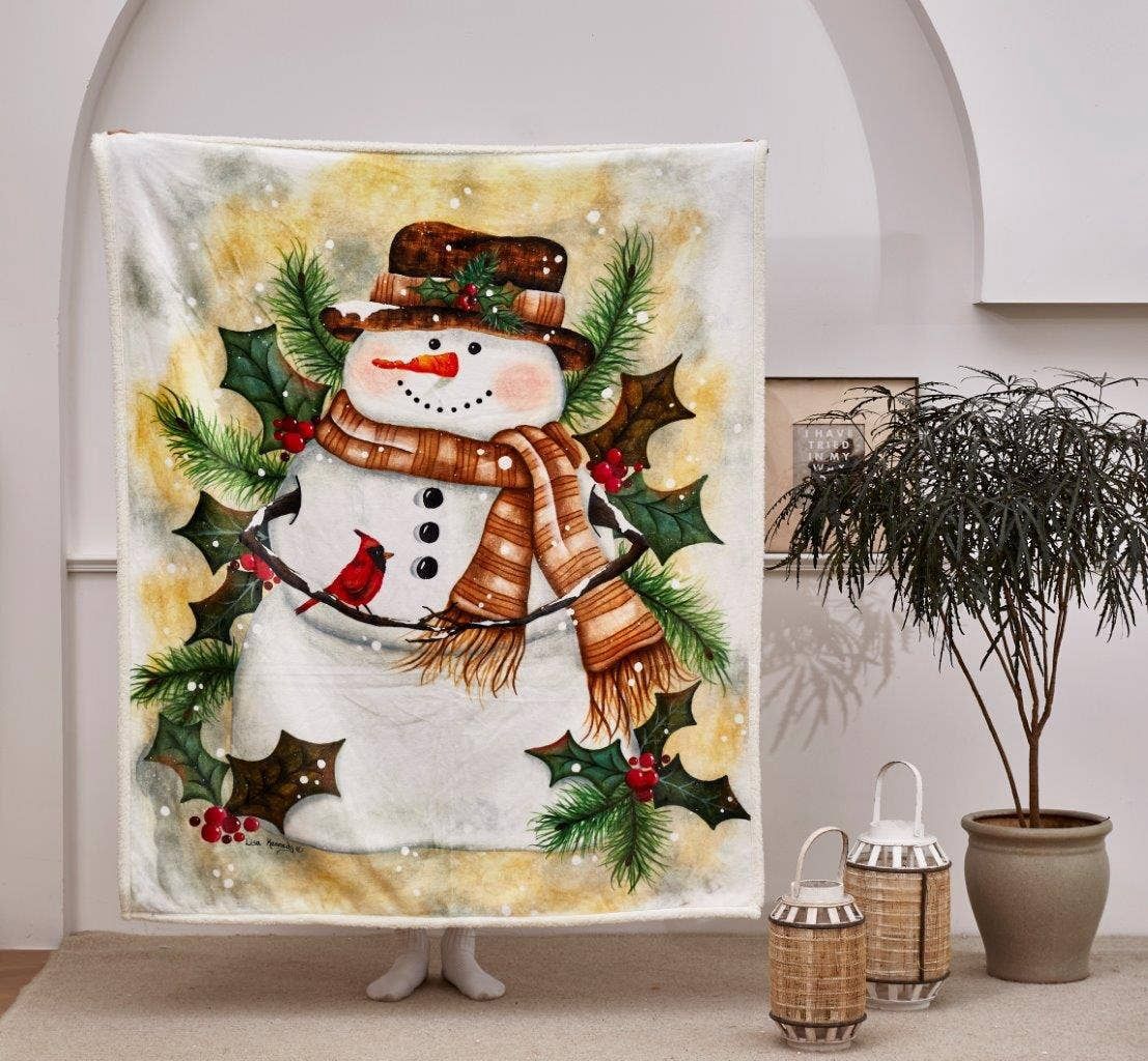 "Happy Snowman" Flannel Sherpa Throw Blanket 50"x60"