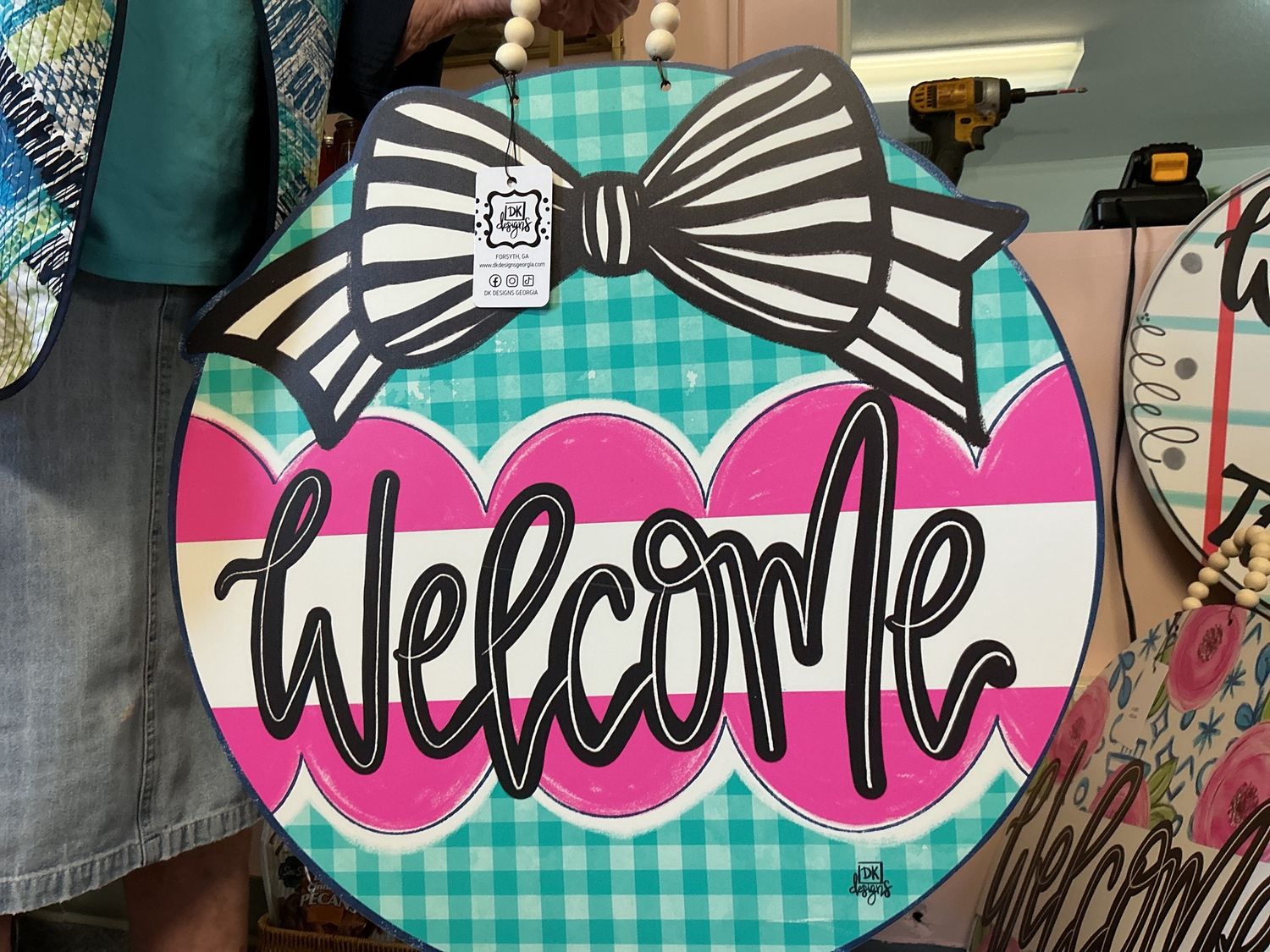 Welcome green and pink door hanger