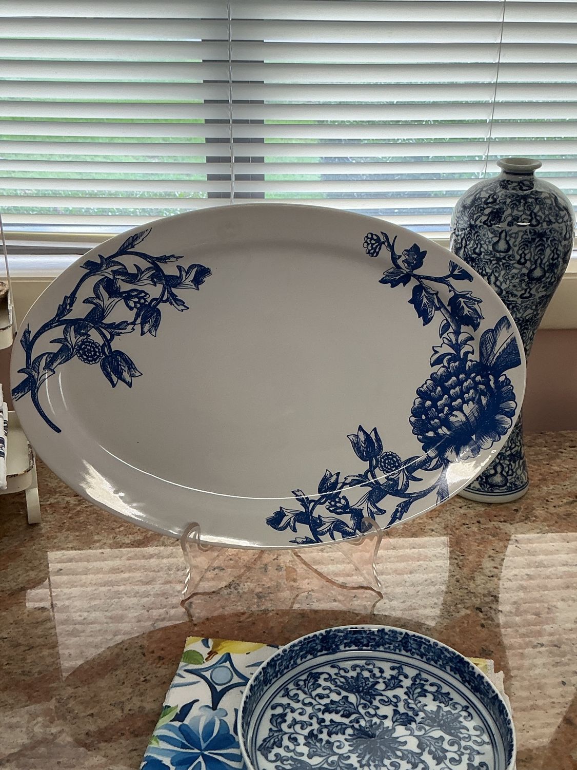 blue and white oval platter