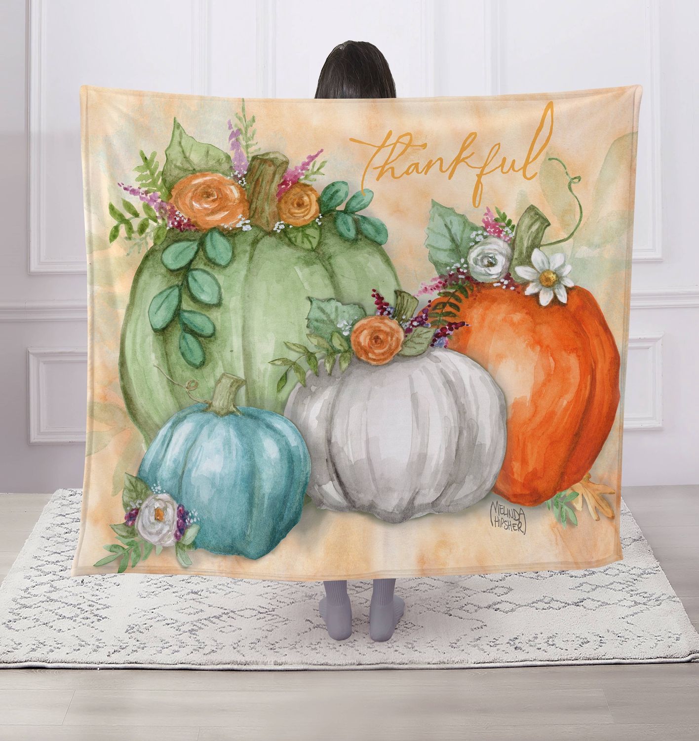 "Thankful Pumpkins" 1-Ply Faux Fur Everyday Designer Blanket