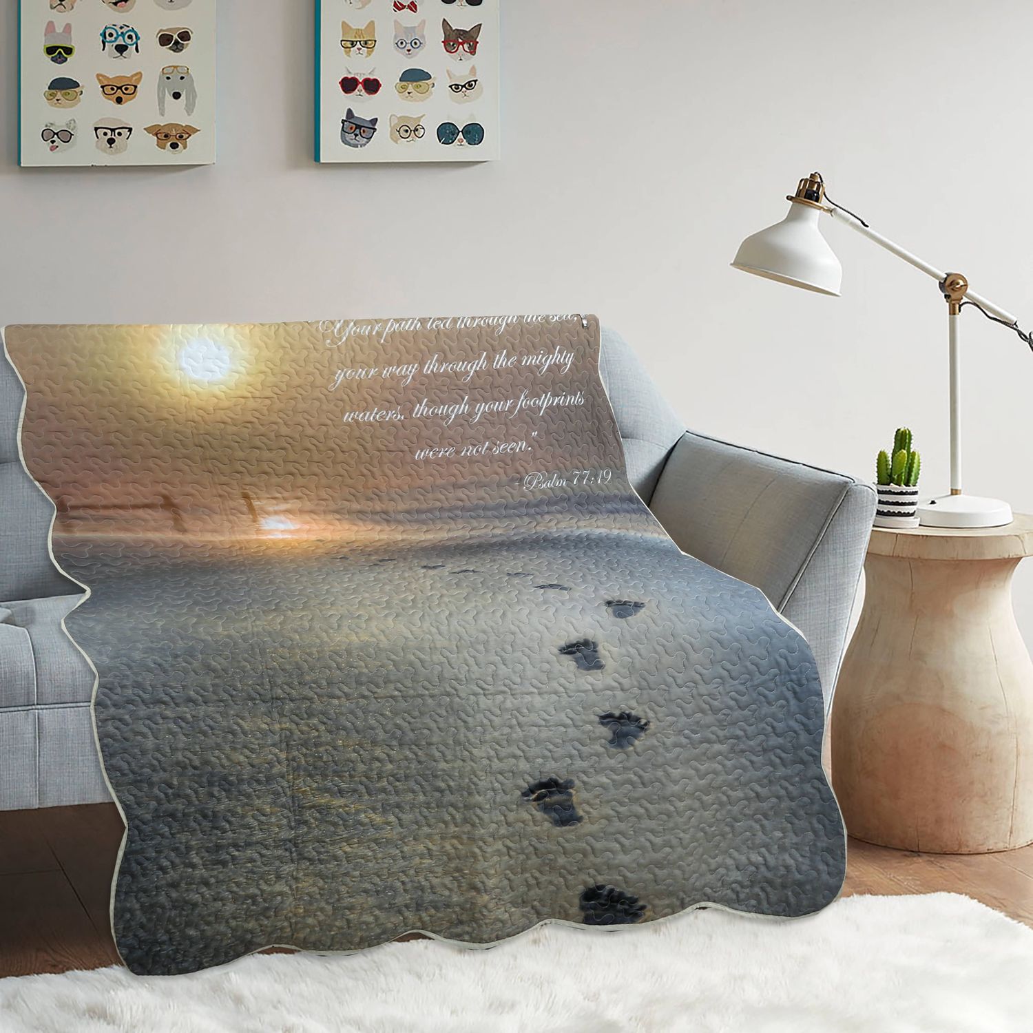 "Footprints- Psalm 77:19" Inspirational Quilted Throw 50x60"