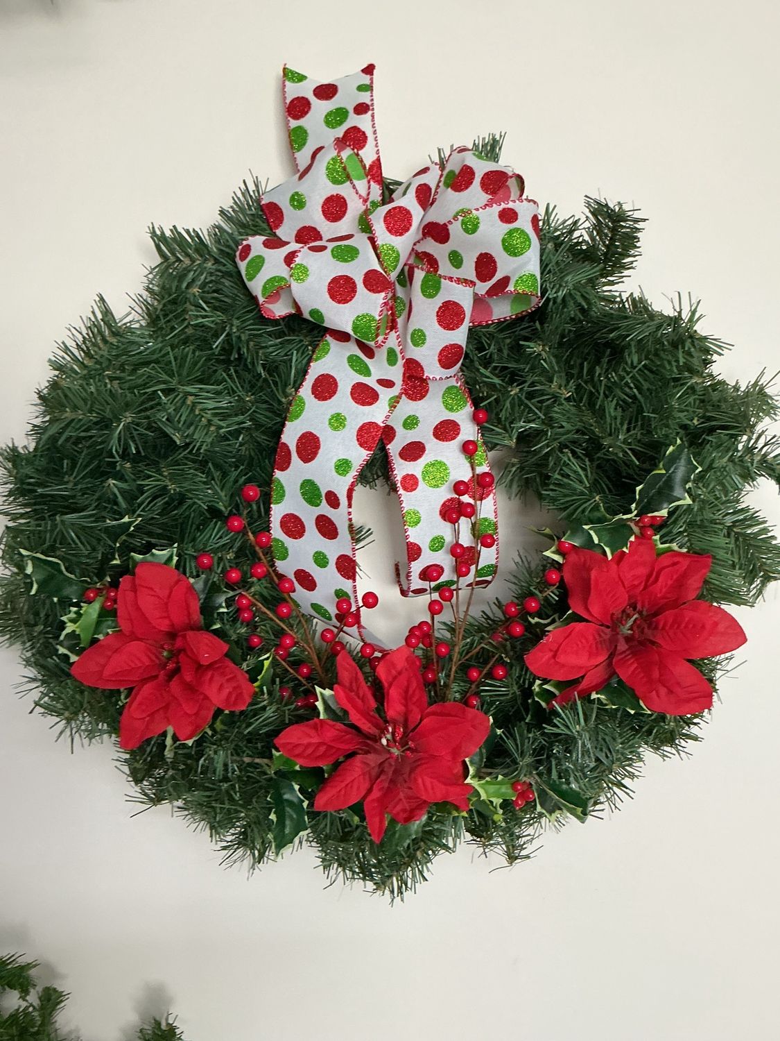 Christmas wreath with 3 poinsettas &amp; polka dot bow