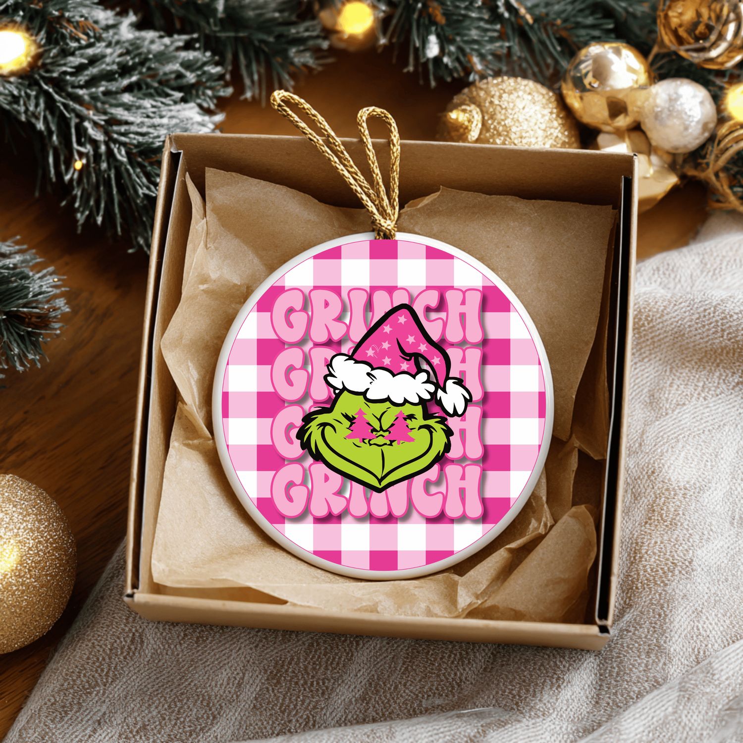 Pink Plaid Grinch Grinch Ceramic Ornament