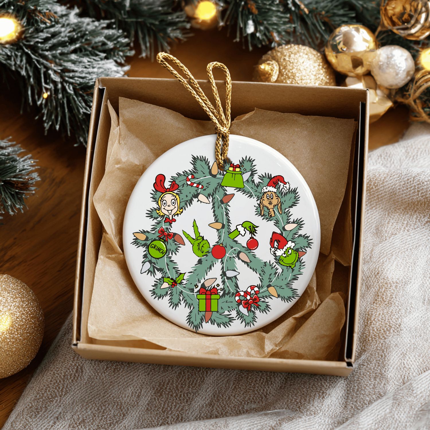 Grinch Peace Wreath  Ceramic Ornament