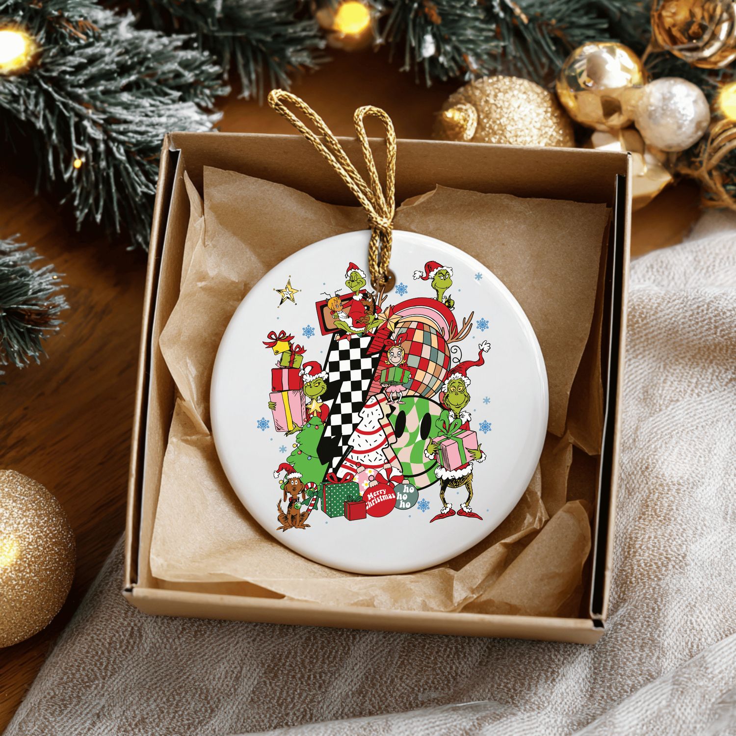 Snacks and Fun Grinch Ceramic Ornament