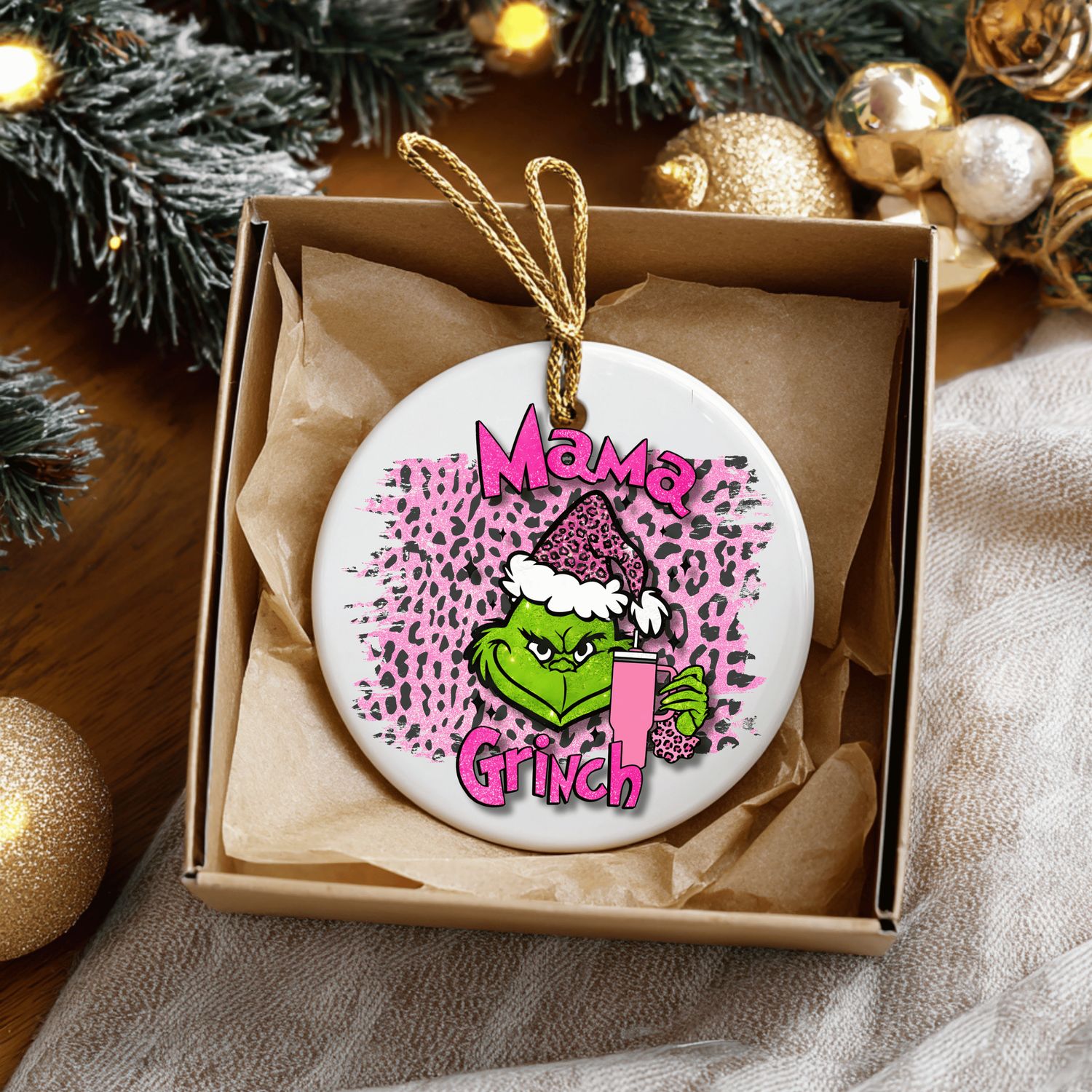 Mama Pink Leopard Grinch Ceramic Ornament