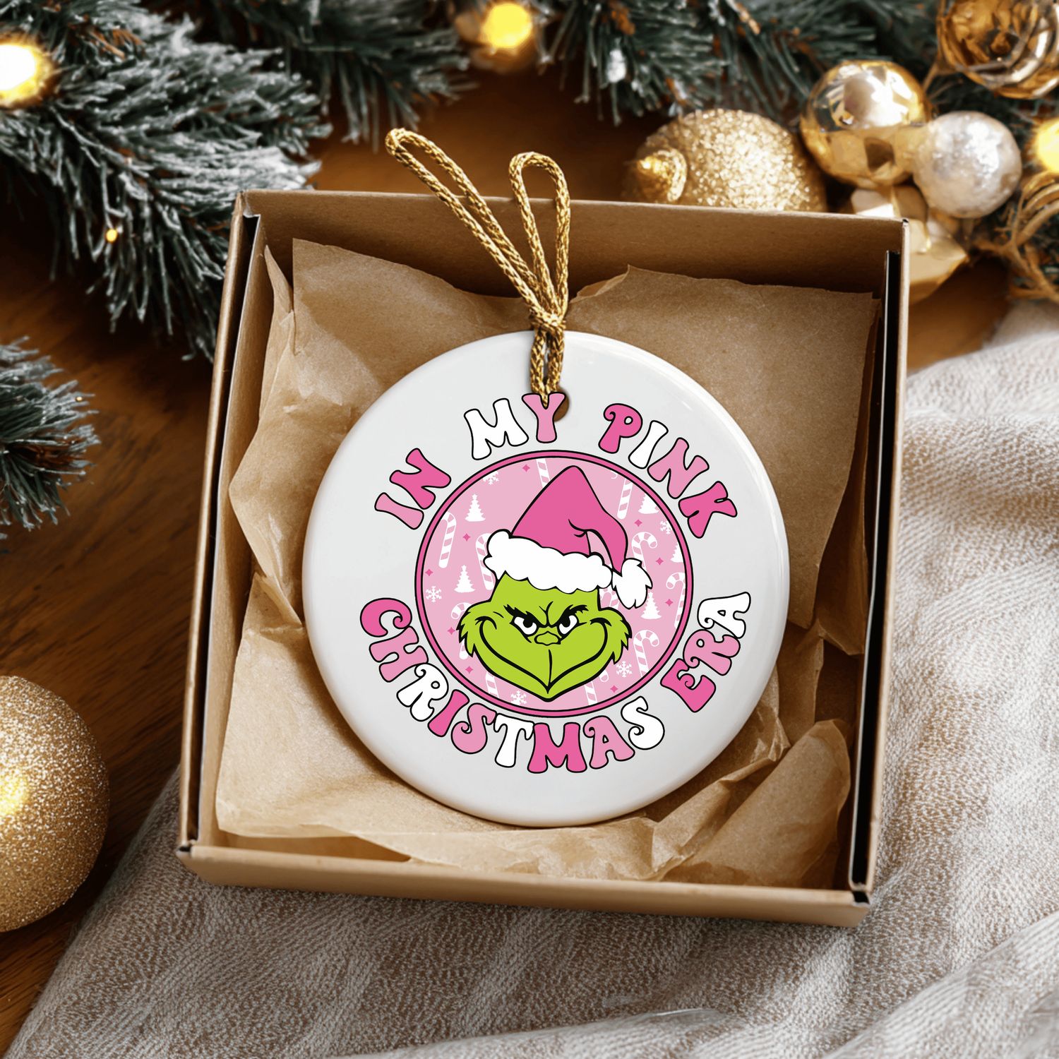 In My Pink Christmas Era Grinch Ceramic Ornament