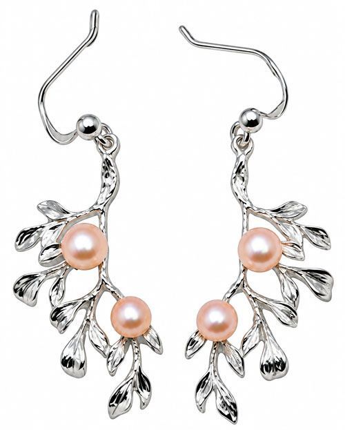 Peach Pearl Leaf Sterling Silver Earrings