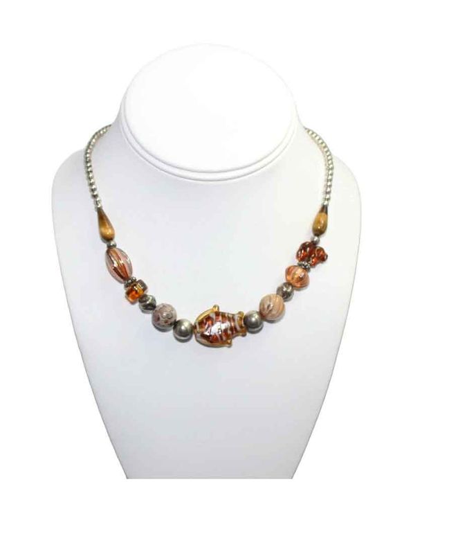 Wood and Glass Fish Pendant Necklace
