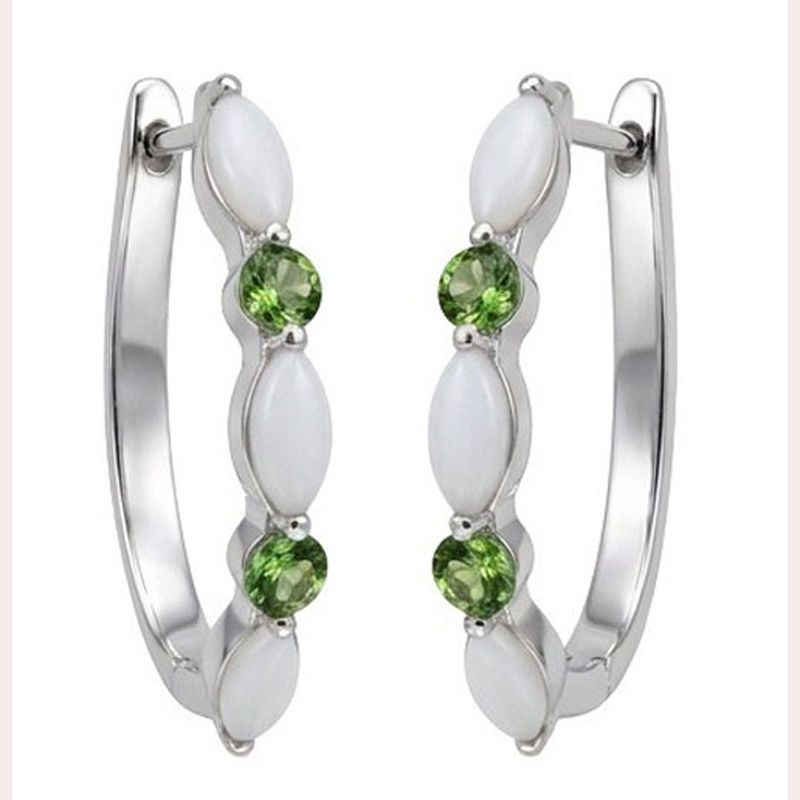 Green Tourmaline & Opal Sterling Silver Hoops