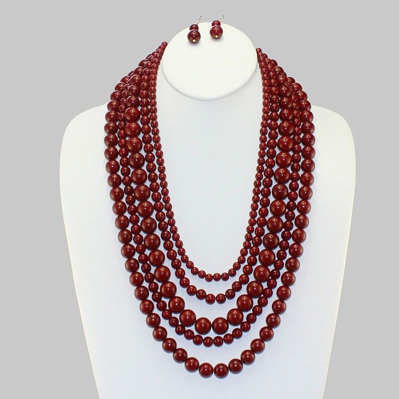 Classic Layered Red Bead Necklace & Earring Set Classic Layered Red Bead Necklace & Earring Set