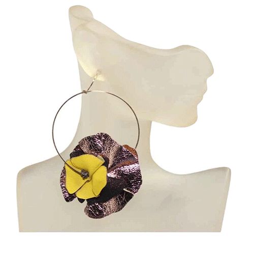 Leather Flower Gold Filled Hoop Earrings