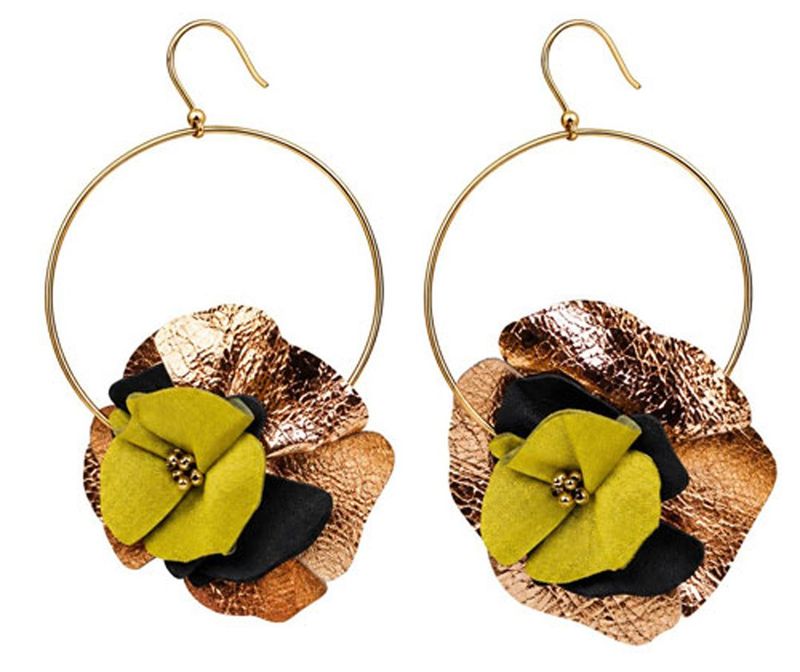 Leather Flower Gold Filled Hoop Earrings