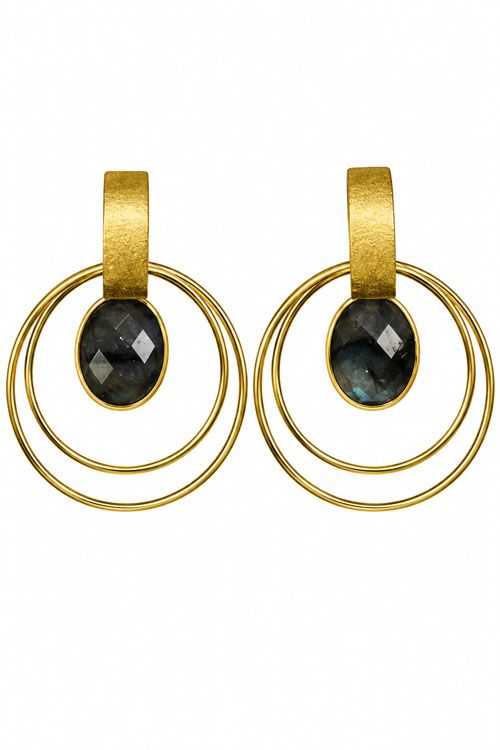 18kt Gold Over Brass Labradorite Double Circle Earrings 18kt Gold Over Brass Labradorite Double Circle Earrings