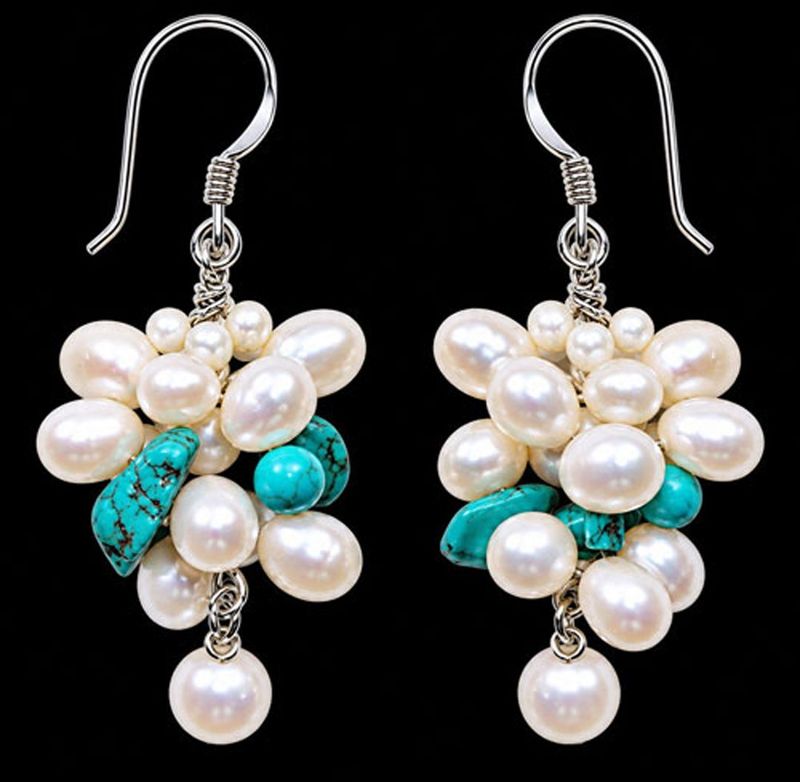 Freshwater Pearl & Reconstructed Turquoise Cluster Earrings