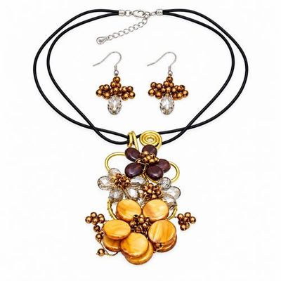 Leather Floral Cluster Floral Jewelry Set
