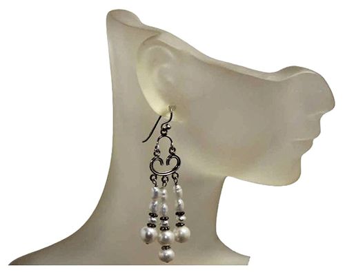 Triple Pearl Strand Sterling Silver Earrings