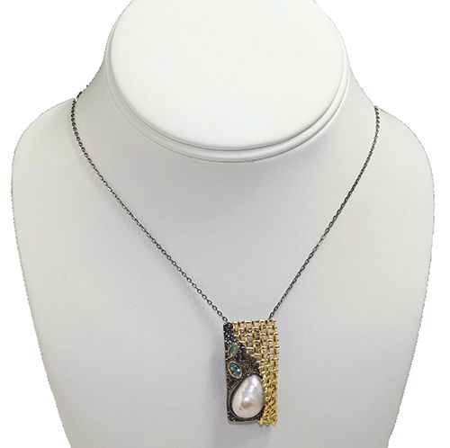 Baroque Pearl and Blue Topaz Two-Tone Necklace