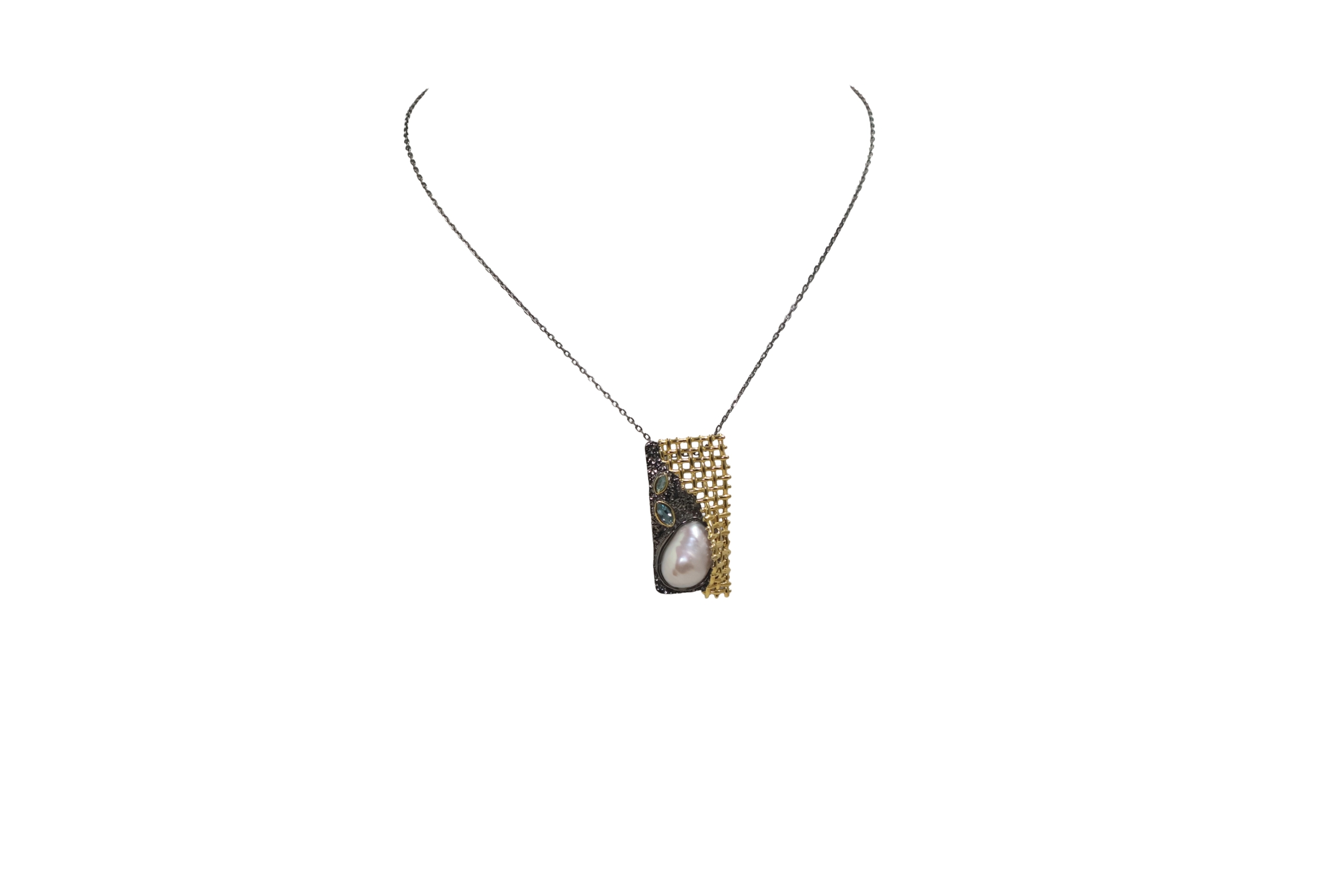Baroque Pearl and Blue Topaz Two-Tone Necklace