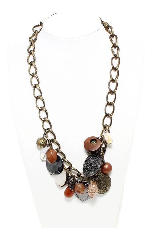 Antique Bronze Heart & Charm Statement Necklace