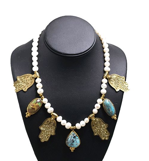 One-of-a-Kind Pearl & Turquoise Charm Necklace