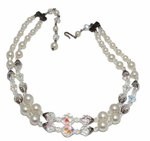 ntage Pearl & Crystal Double-Strand Necklace