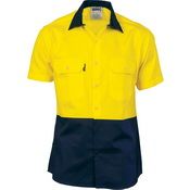 DNC 50+ UPF Men's Two-Tone S/S Open Front Work Shirt, Colour: Yellow/Navy, Size: Small